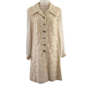 Vintage Womens Dress S/M Beige Floral Lace Sheer Mini Pleated Sleeve 60s Praire